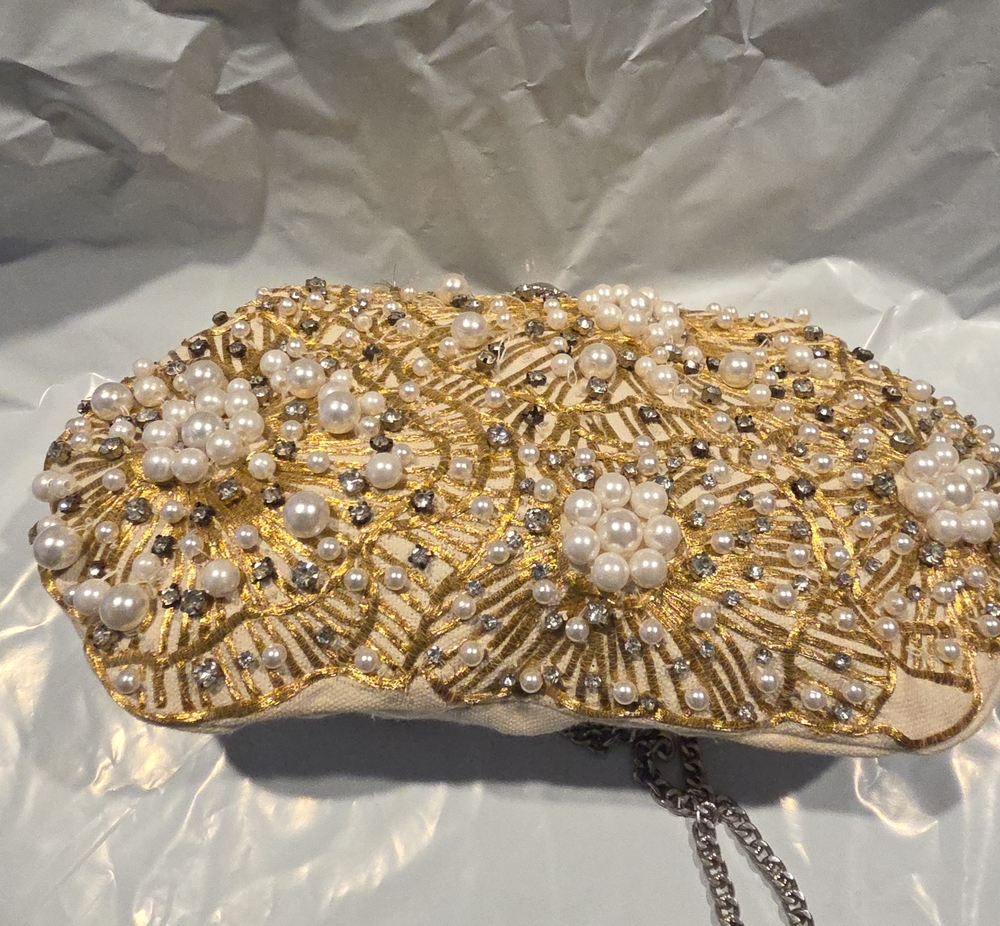 Gold Pearl & Crystal Embellished Evening Clutch